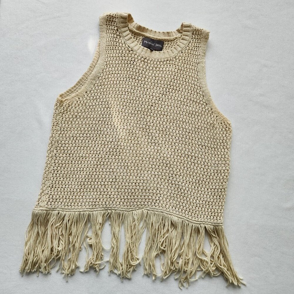 Michael Stars Crochet Fringe Knit Sleeveless Top Beige Soft Comfy Festival Boho